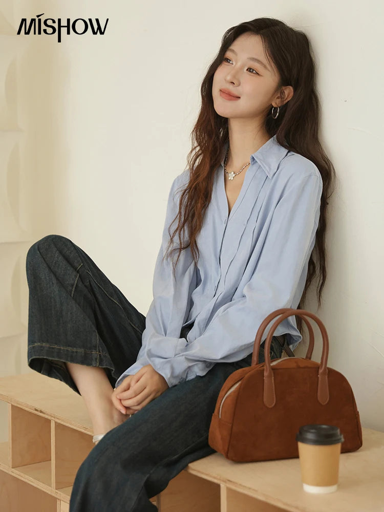 MISHOW Blue Peach Skin Velvet Shirt Lapel V-Neck Pleated Cuffs MXE44C2392