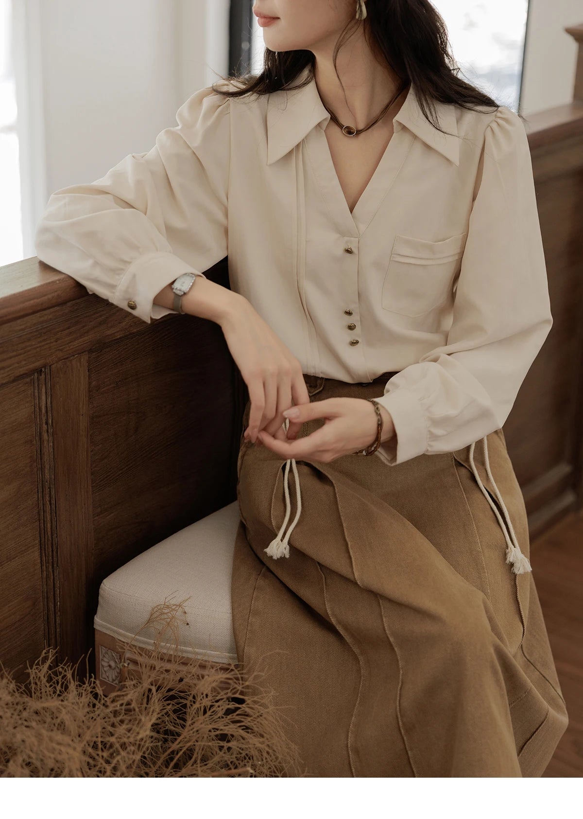MISHOW French Lapel V-Neck Shirt Retro Button Pockets MXD43C0306