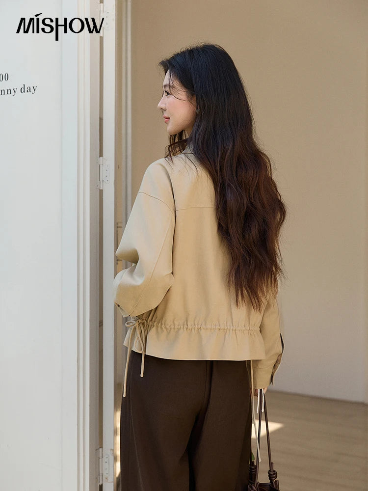 MISHOW Khaki Cropped Jacket Asymmetrical Collar Drawstring Waist MXF11W1029