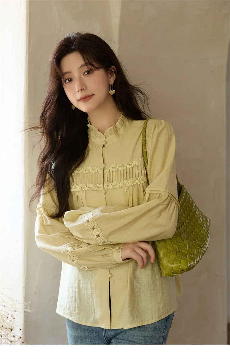 MISHOW Women's Light Yellow Linen Shirt Stand Collar Lace Sleeves MXE42X1976