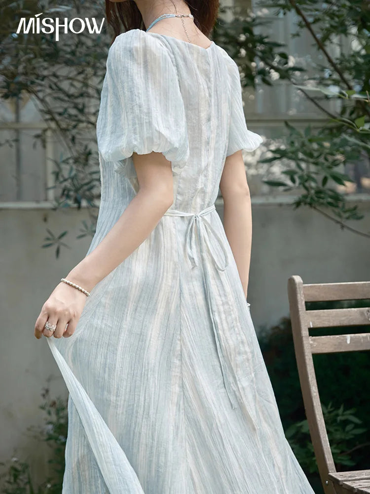 Mishow Striped Square Neck Lace Hollow Dress MXE39L2403