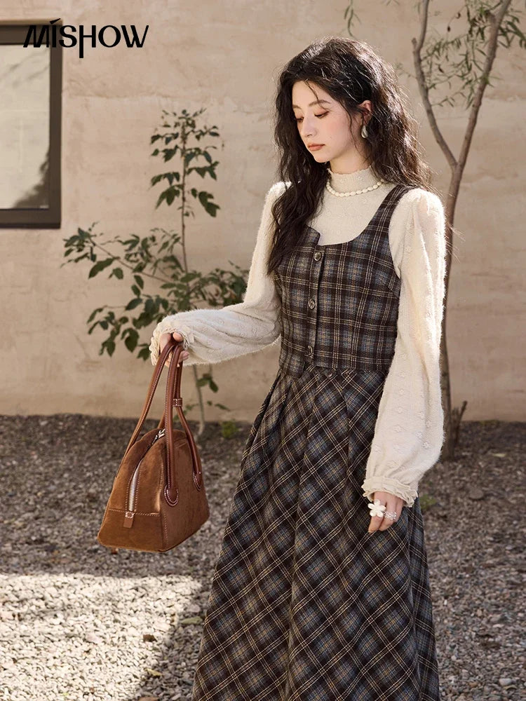 Mishow Blue Plaid Square Collar Vest & Midi Skirt Set MXD44W0454