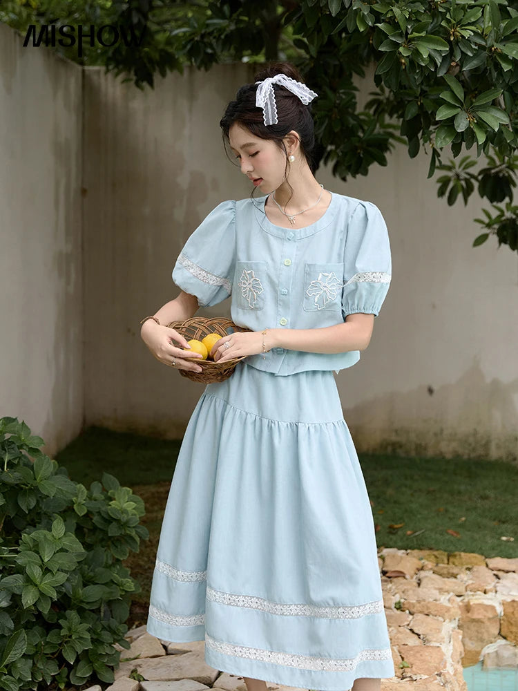 MISHOW Blue Lace Patchwork Top Elastic Waist Skirt Set MPD22B0450