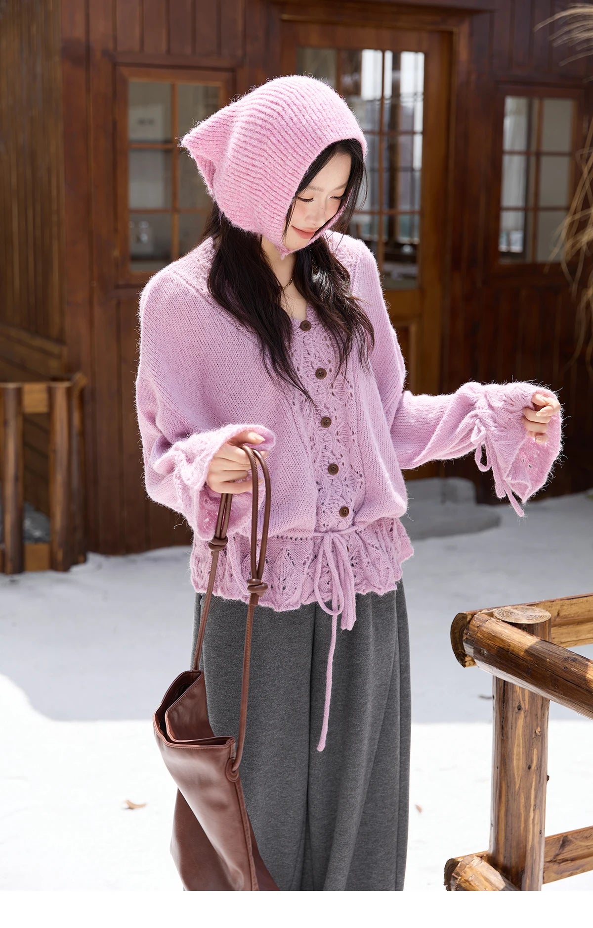 Mishow Hollow Knit V-Neck Flared Sleeve Cardigan MXE47Z2513