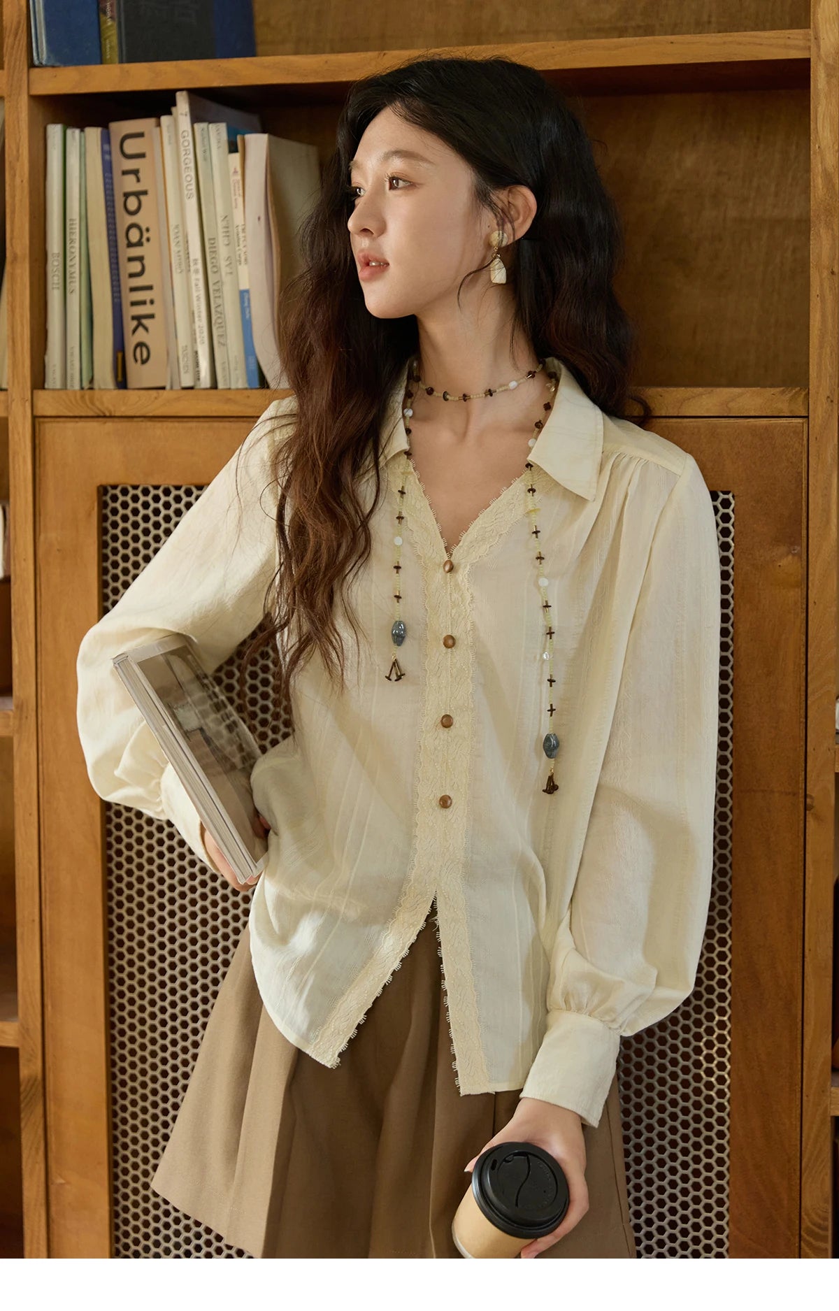 MISHOW French V-Neck Shirt Lace Panels Apricot Top MXE43X2474