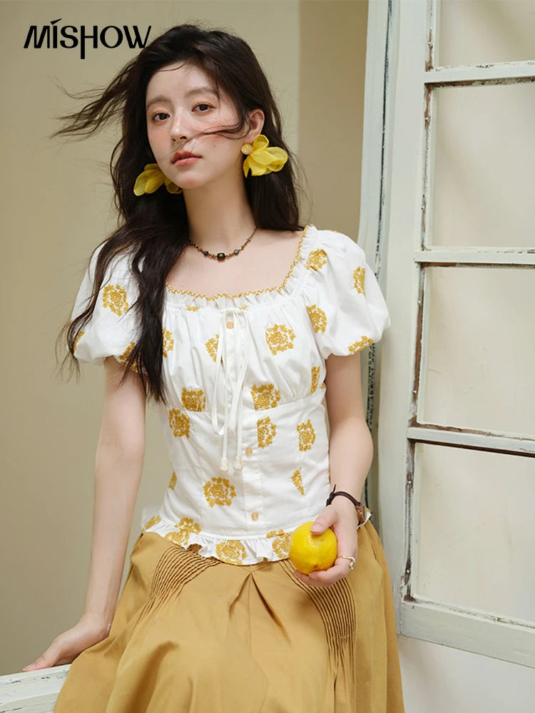 MISHOW Yellow Flower Embroidery Blouse Puff Sleeve Lace Up MXE35X1811