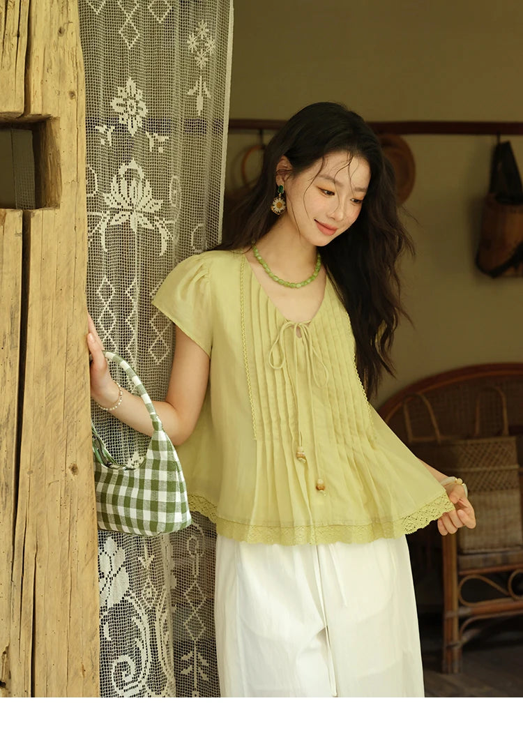 MISHOW V-Neck Lace Up Blouse Flying Sleeve Lace MXE37X1855