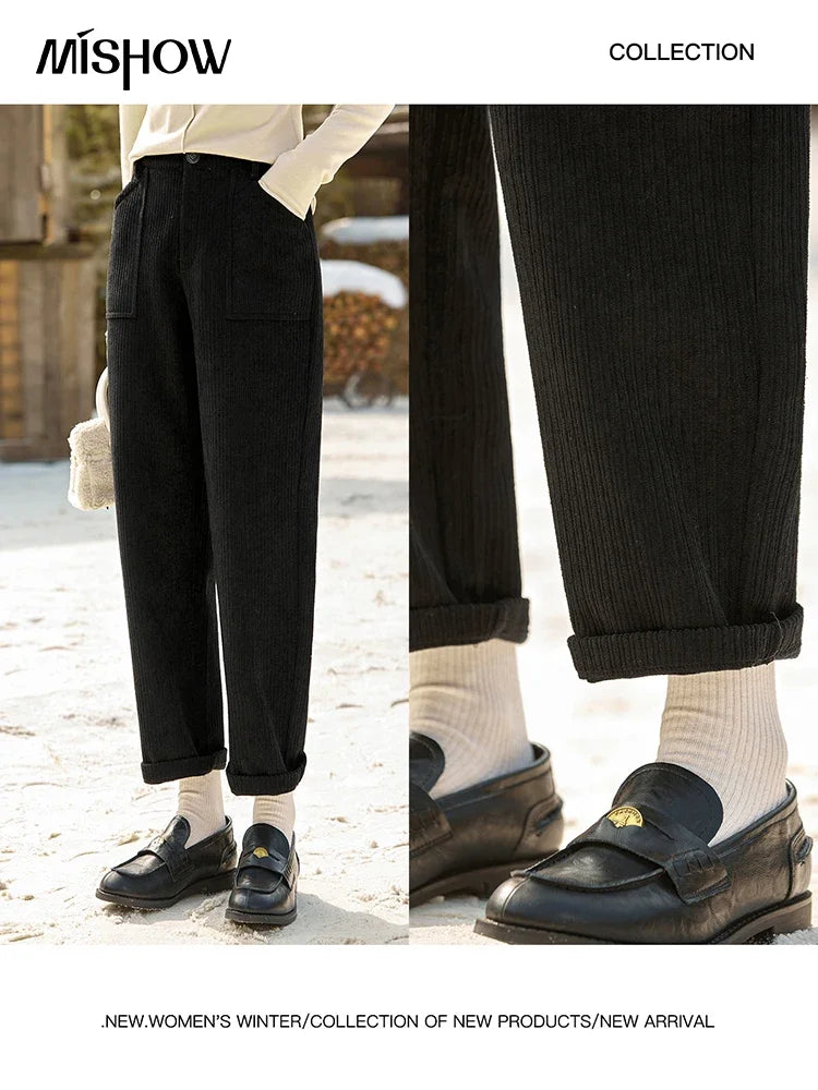 MISHOW Corduroy Pants High Waist Straight Pocket Velvet Inside MXD55K0813