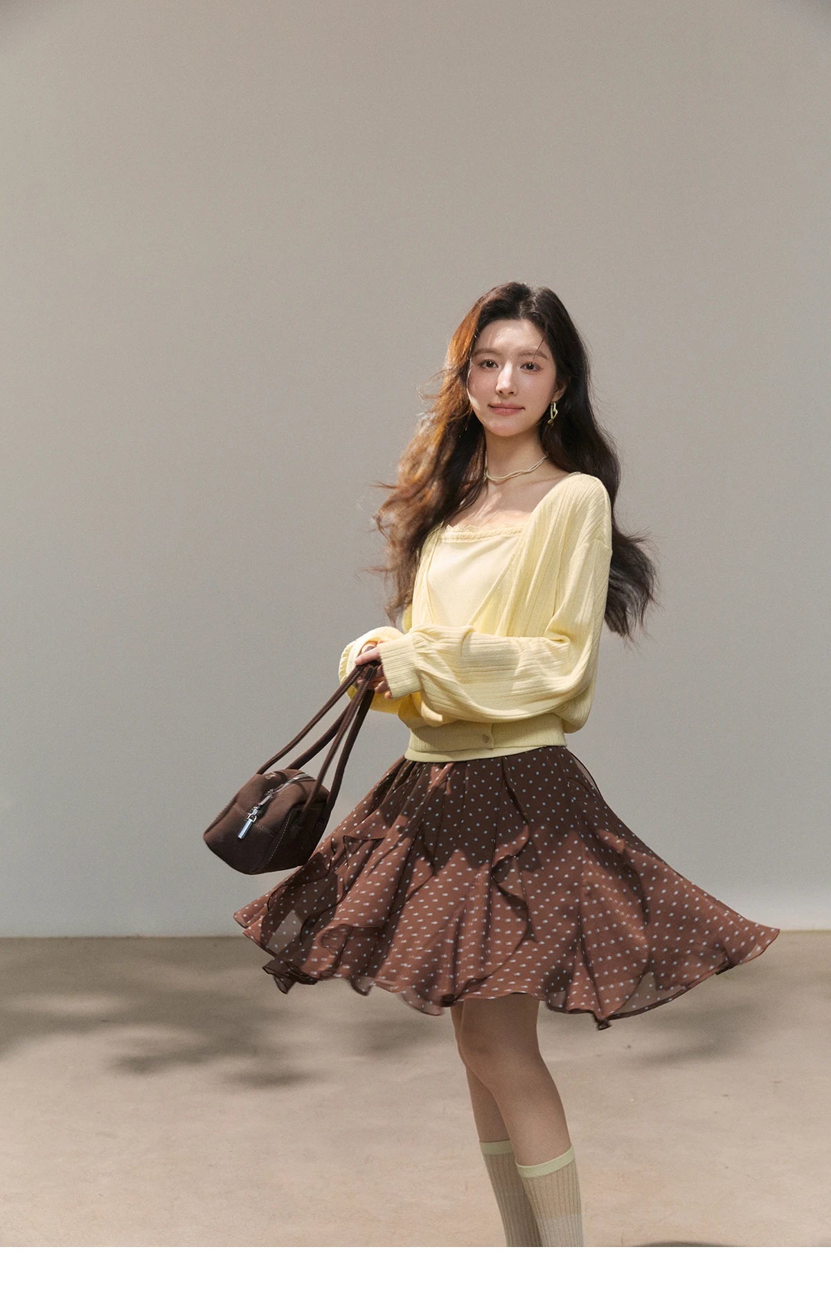Mishow Lemon Yellow Lantern Sleeve Top & Lace Camisole Set MXF13T1513