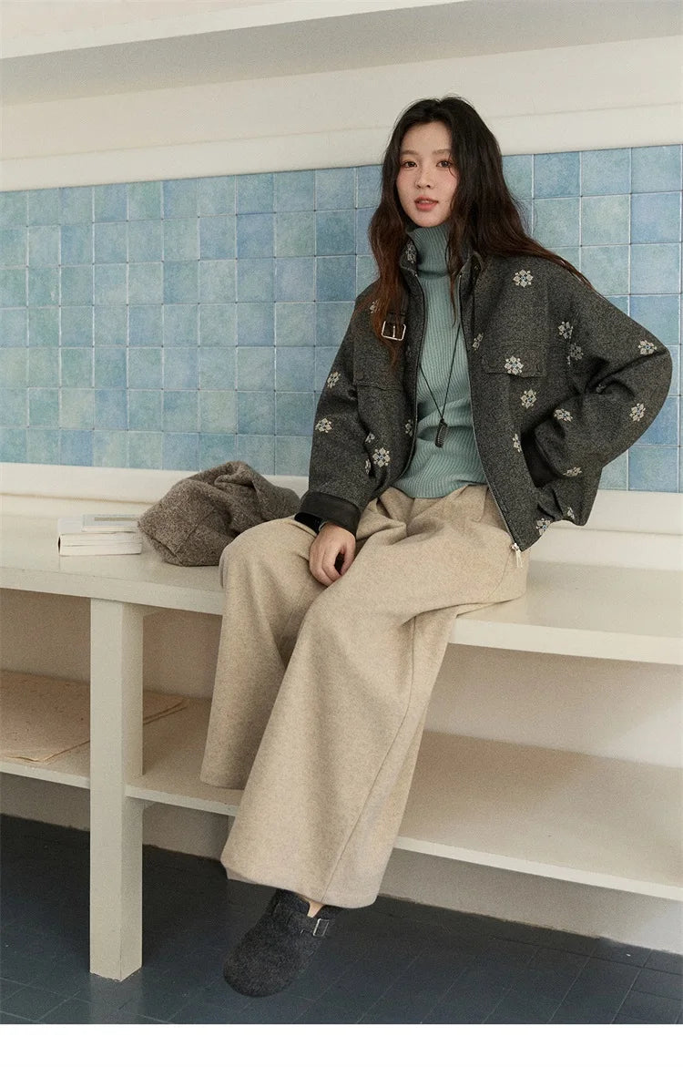 MISHOW Wool Blend Jacket Small Flower Embroidery Turtleneck Zipper MXE86W0906