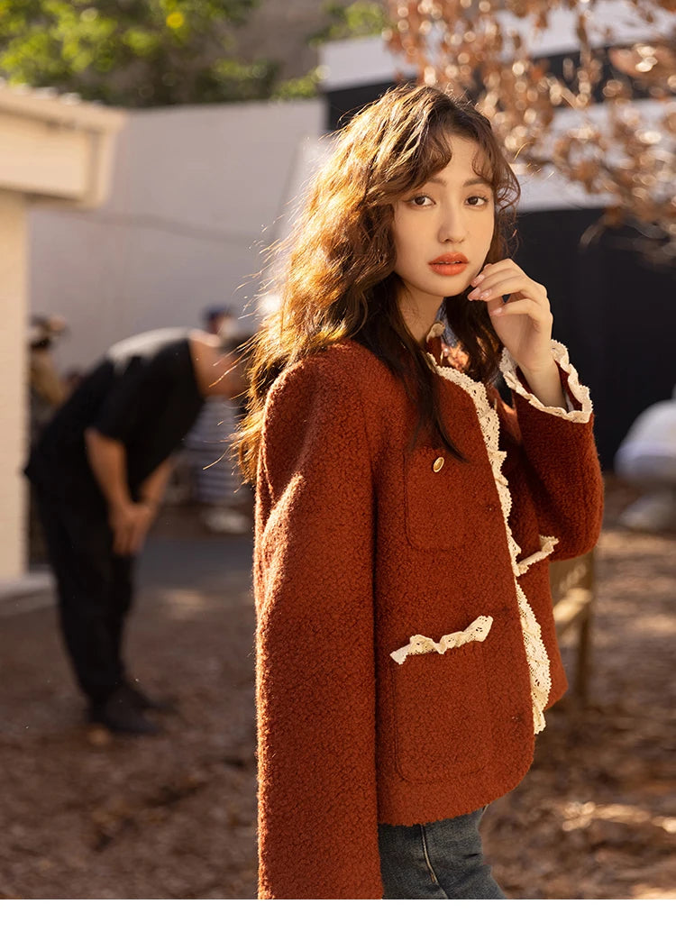 MISHOW Wool Coat Lace Splicing Lamb Wool Button Pockets MXB43W0720