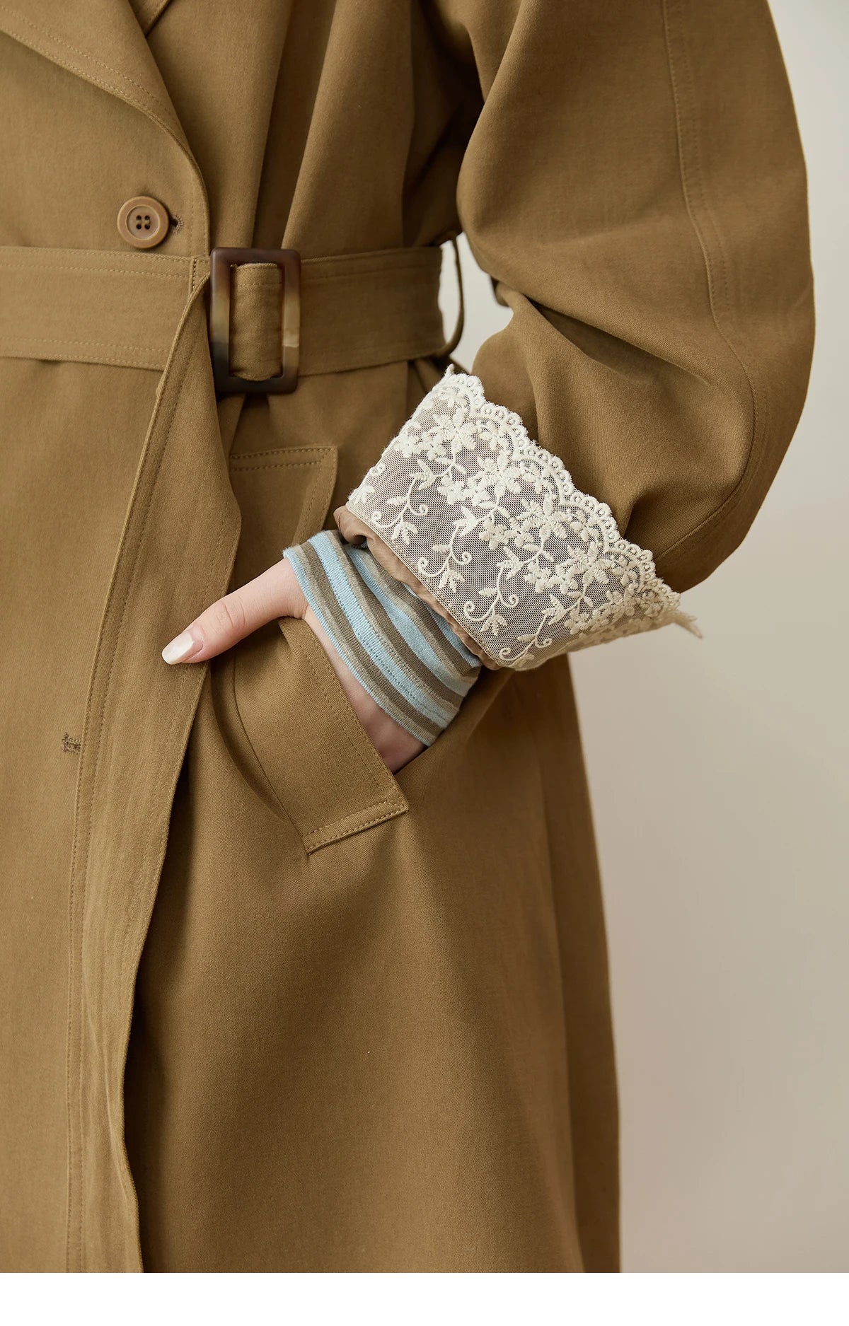 Mishow Light Khaki Lace Long Trench Coat MXE45W0830