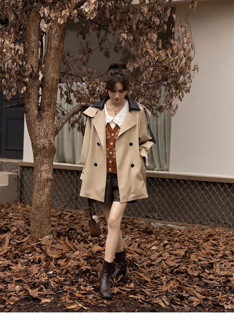 Mishow Polo Collar Patchwork Long Trench Coat MXB33W0399