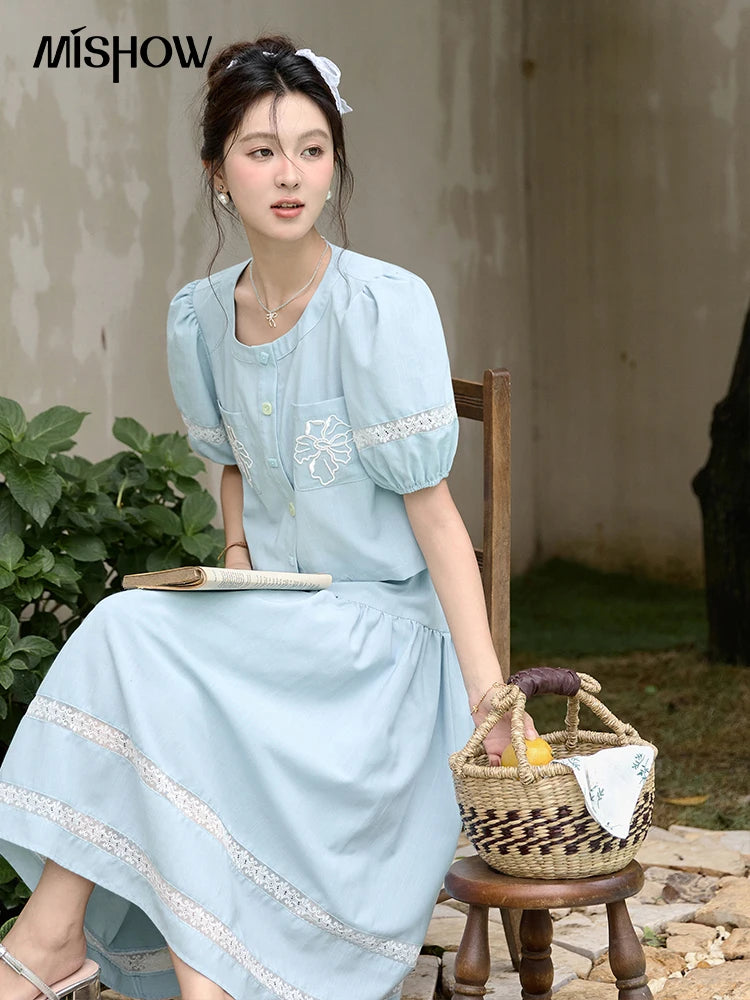 MISHOW Blue Lace Patchwork Top Elastic Waist Skirt Set MPD22B0450