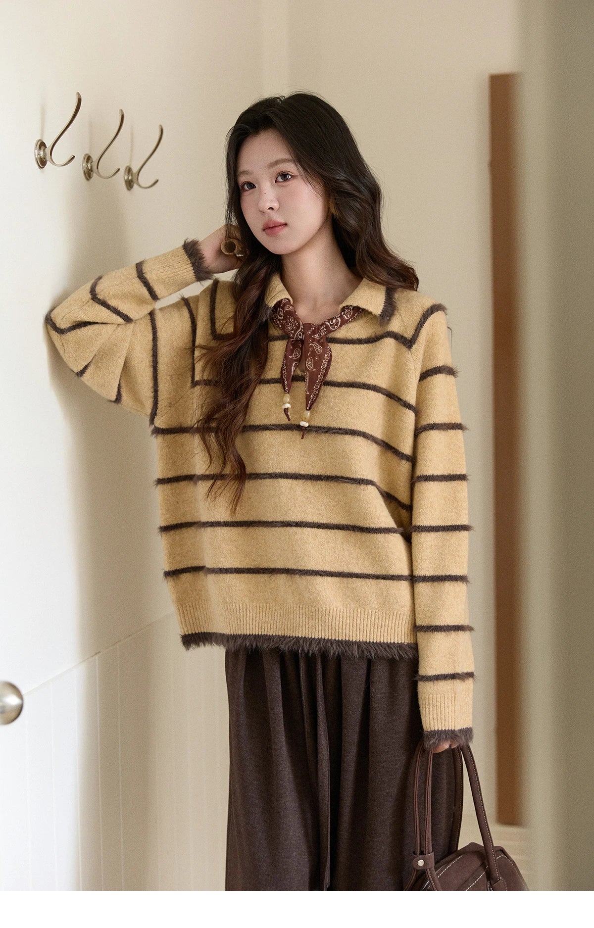 Mishow Faux Mink Fur Striped Lapel Tassel Sweater MXE93Z2945