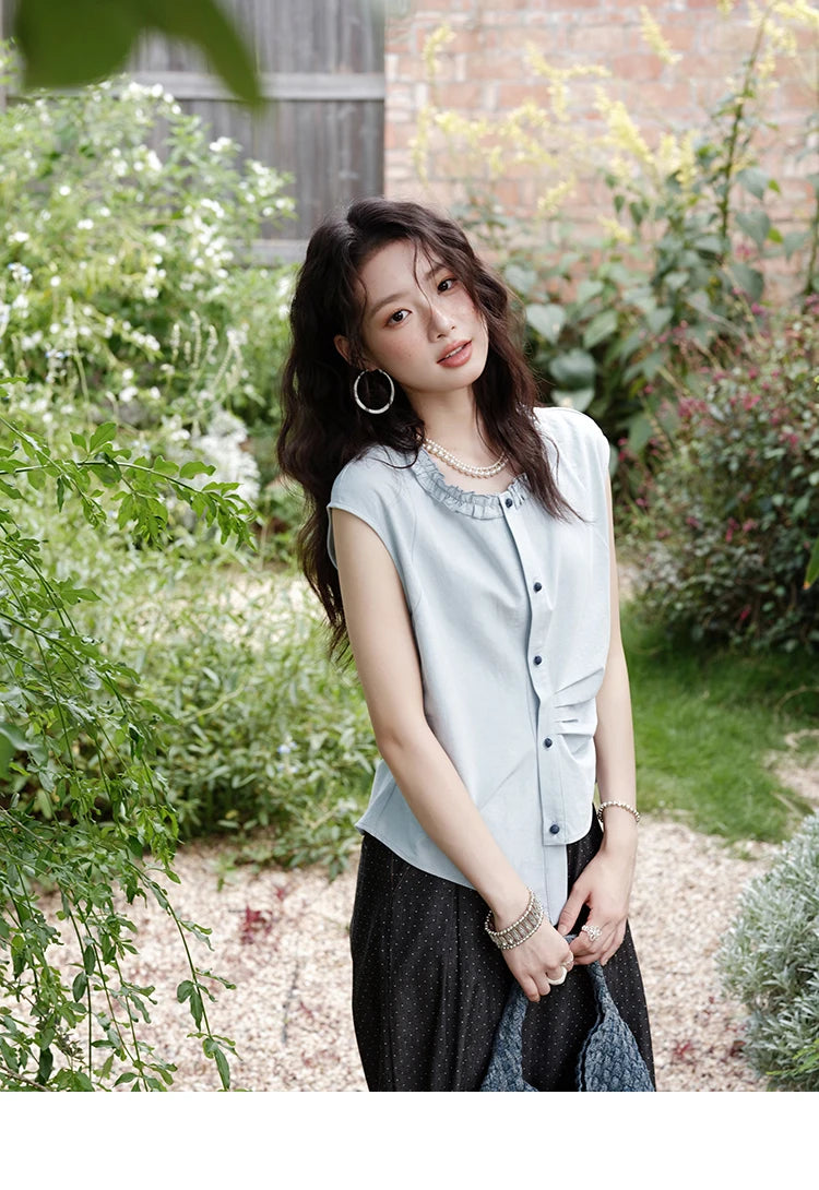MISHOW Round Neck Sleeveless Shirt Button Front MXE38X1864