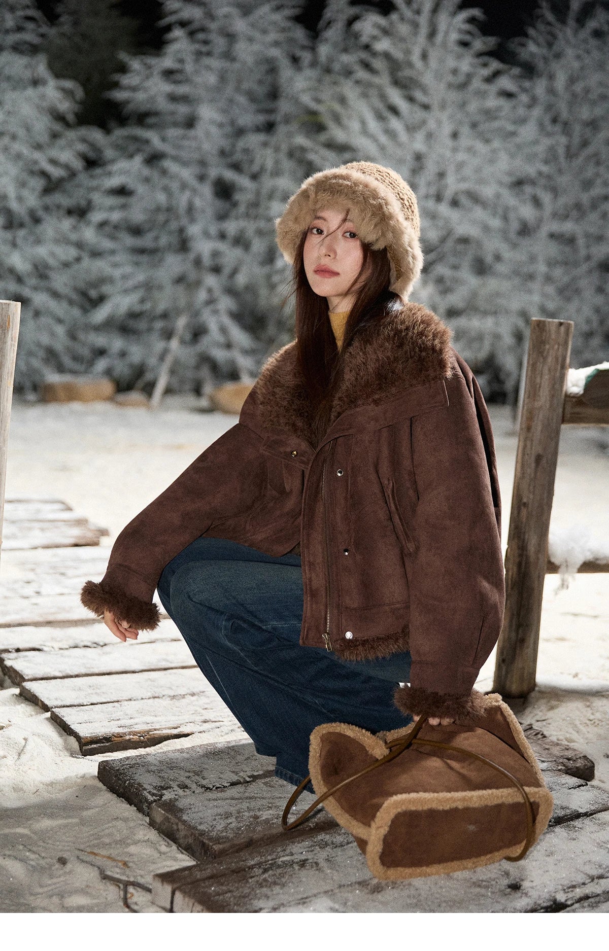 MISHOW Blue Plush Jacket Turn-Down Collar Zip-Up Loose MXE87W0917