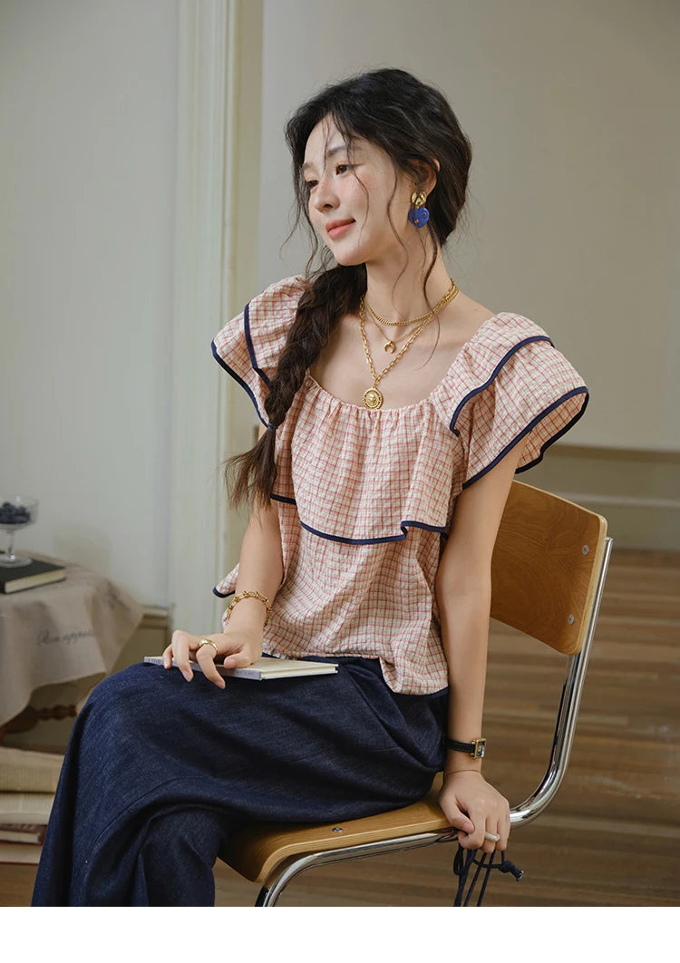 Mishow Square Neck Ruffles Plaid Blouse & High Waist Wide Leg Pants Set MXE36T0636