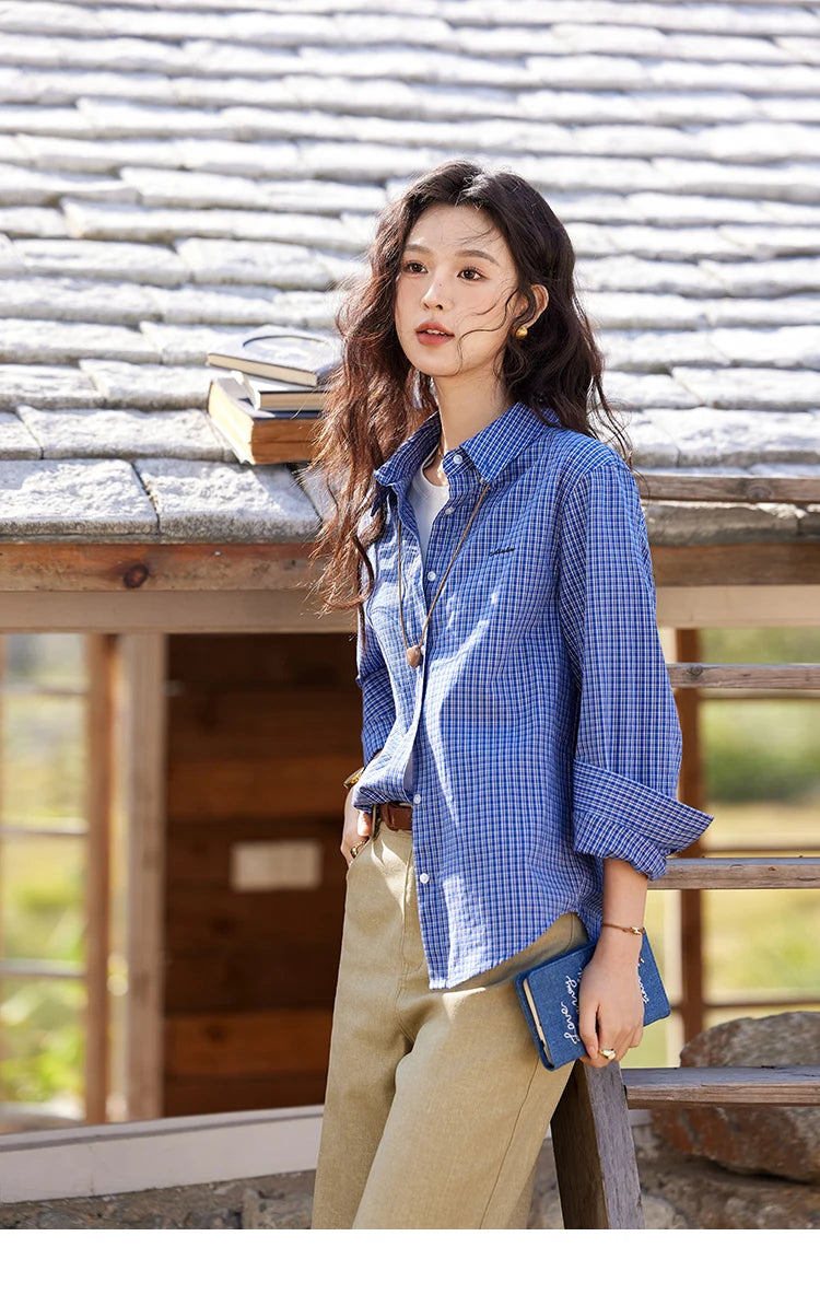 MISHOW Retro Blue Checkered Shirt Lapel Cotton Loose MXE11C0398