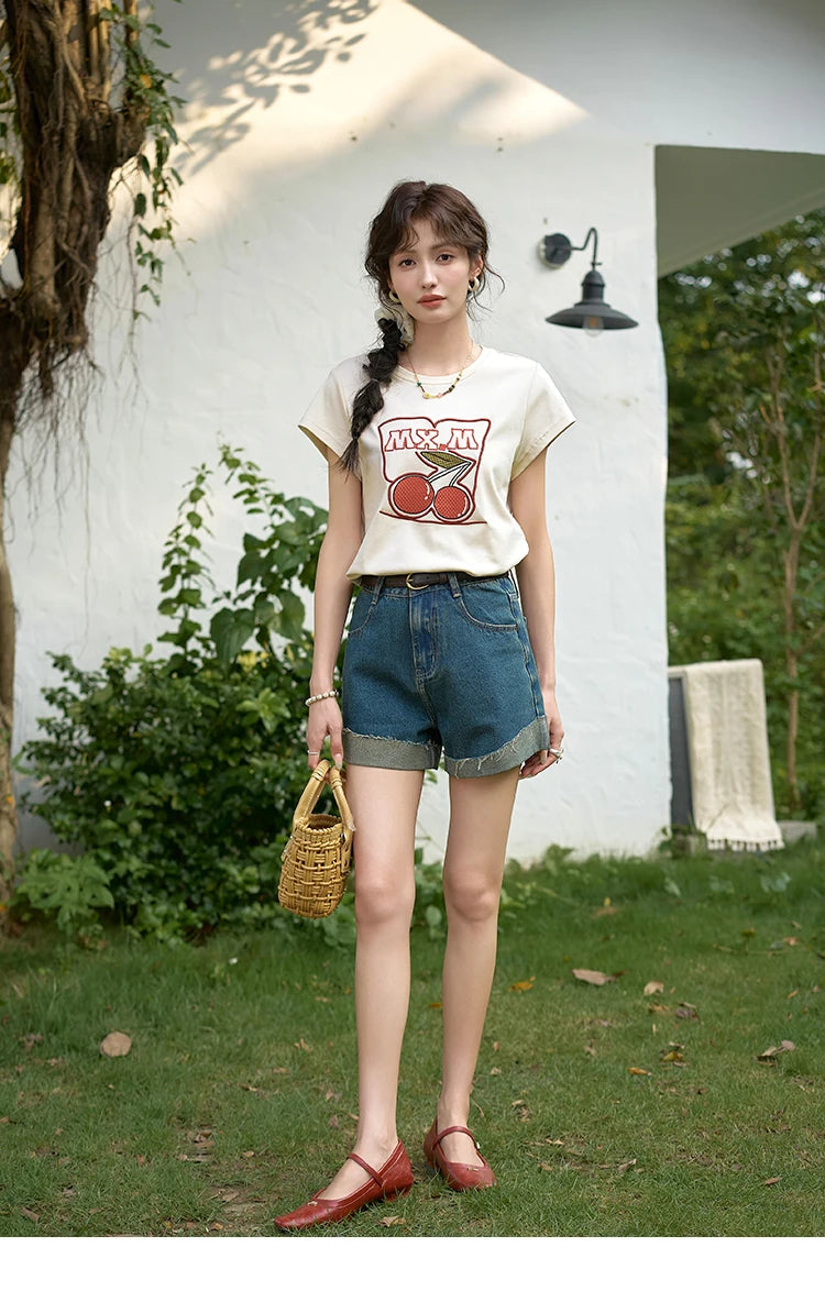 Mishow High Waist Curled Edge Denim Shorts MXD30K0659