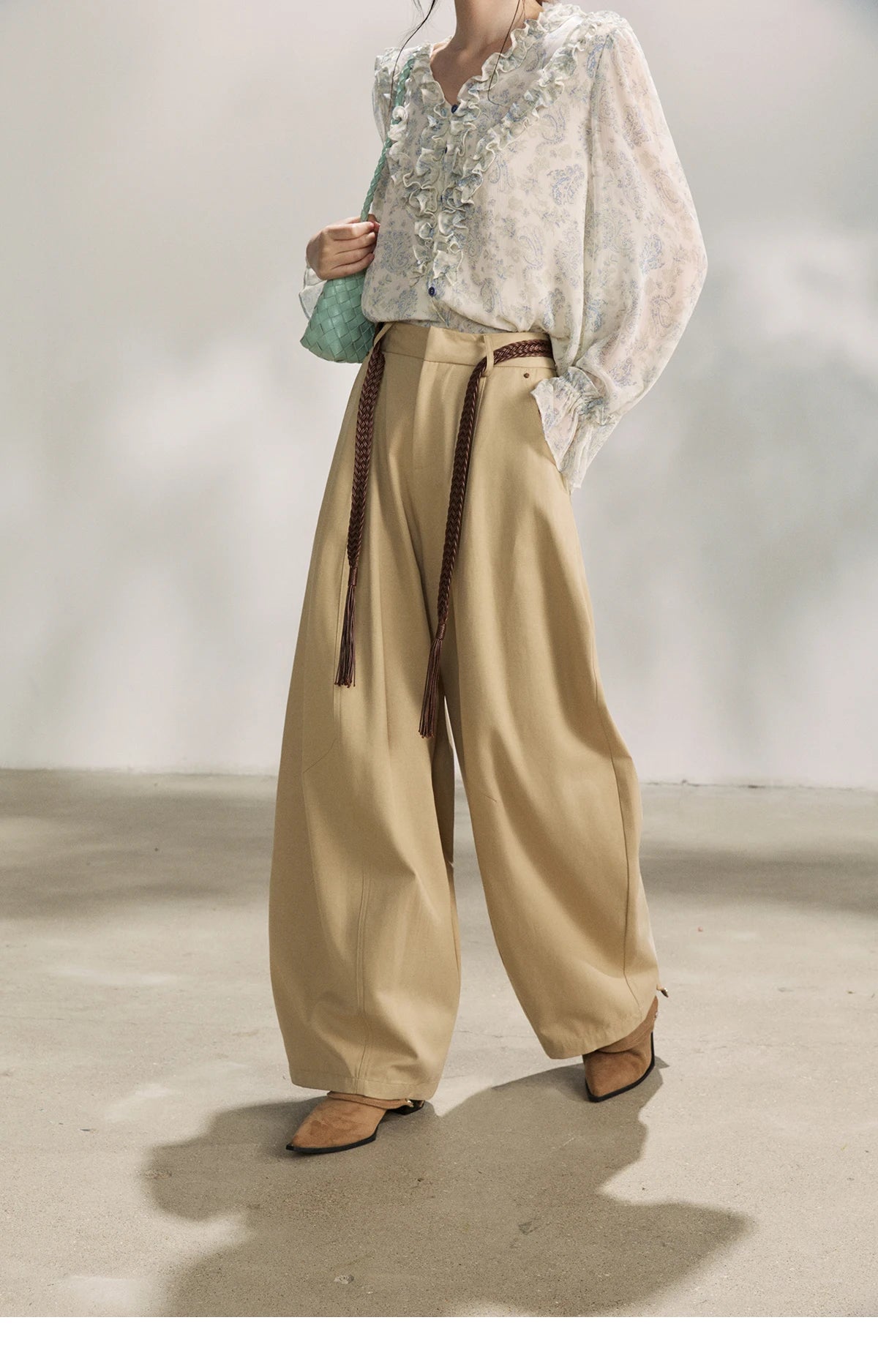 MISHOW Khaki Wide Leg Pants High Waist Belted Rear Pocket MXF13K1237