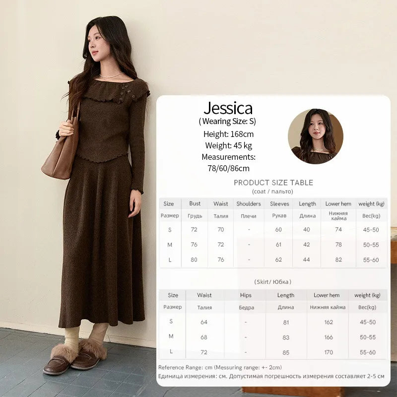 Mishow Coffee Ruffle Boat Neck Top & A-Line Skirt Set MXE93T1455