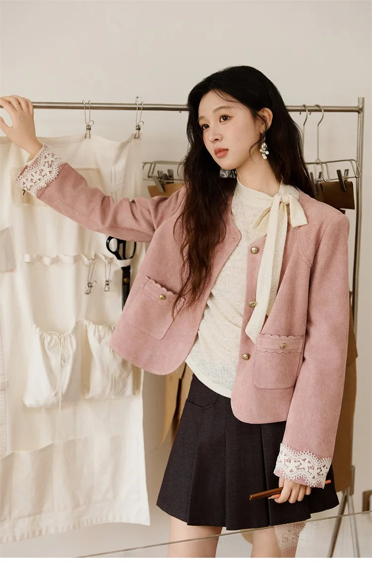 MISHOW Fragrant Suede Jacket Cuffs Hollowed Out Lace Metal Button MXE46W0839