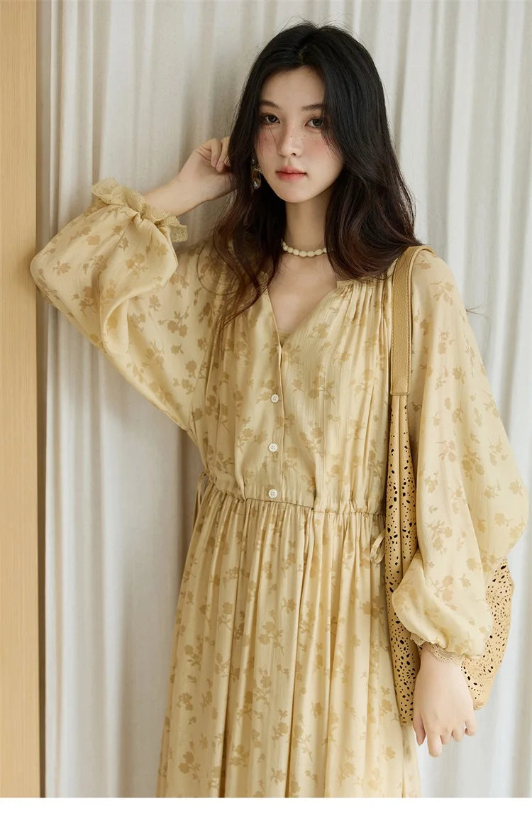 MISHOW Yellow Print Lace Lantern Sleeve Dress MXE47L2527