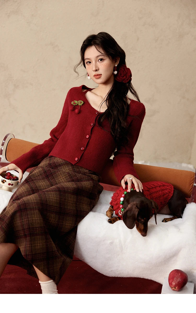 Mishow Red Cherry Ornament Slim V-Neck Cardigan MXD112Z1006