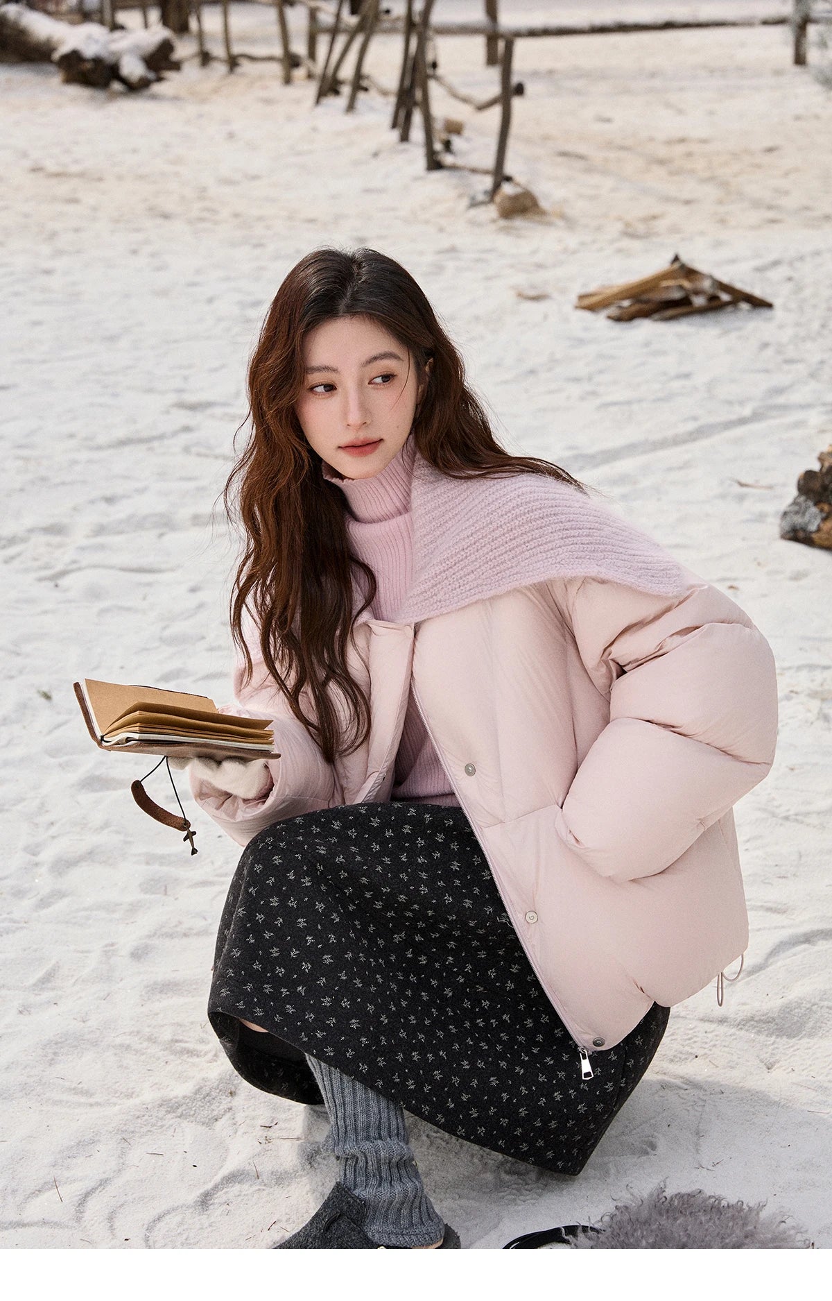 Mishow Pink Woolen Lapel Short Down Jacket MXE92Y0089