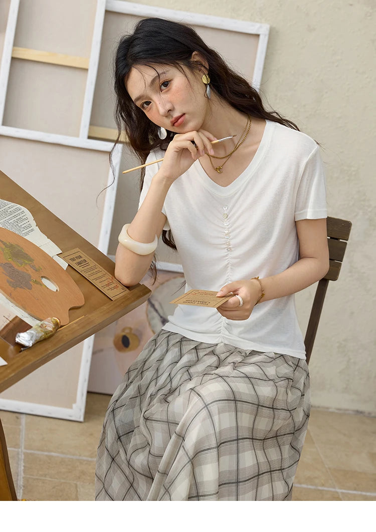 Mishow V-Neck Front Elastic Shell Button Tee MXE34T0560