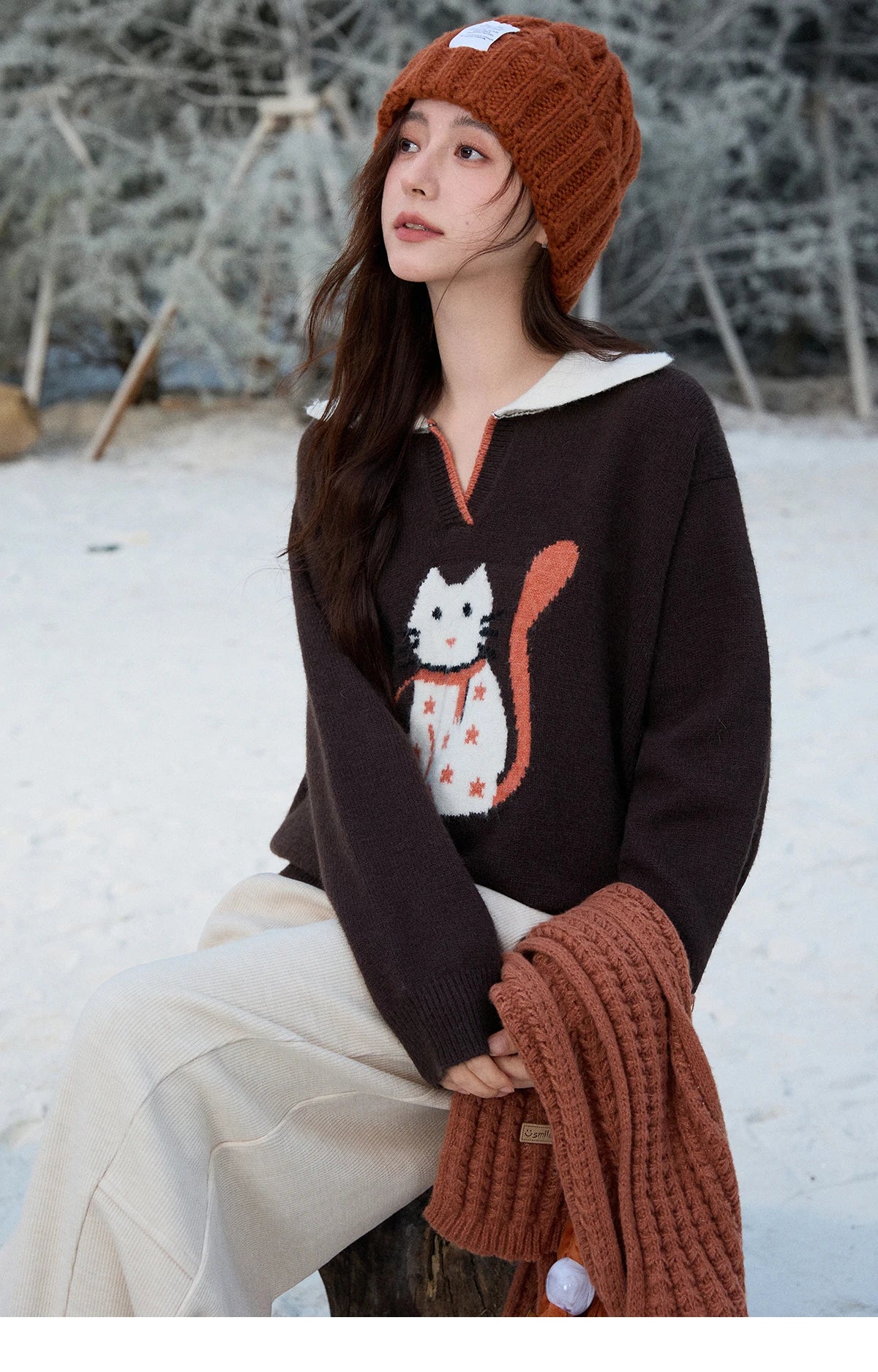 Mishow Retro Arctic Fleece Color Block Cat Sweater MXE90Z2835
