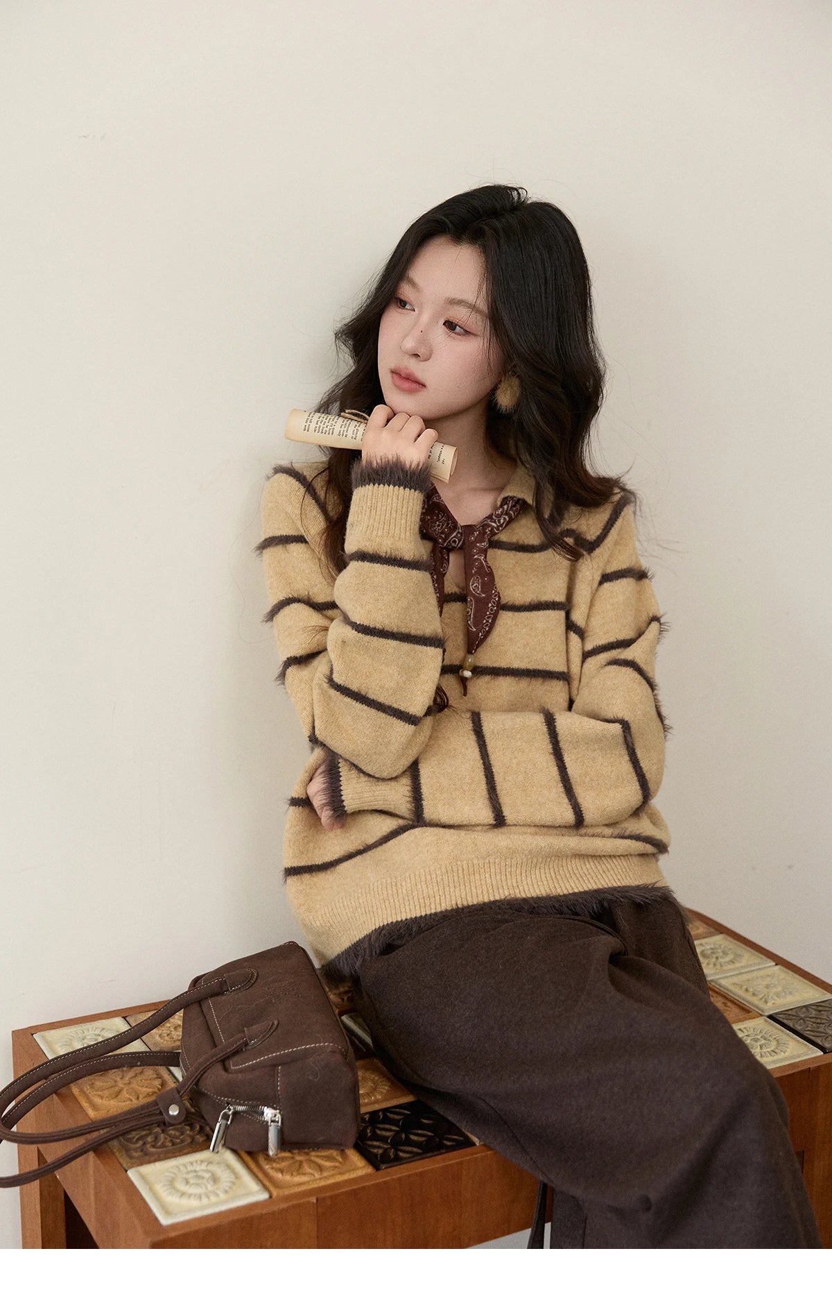 Mishow Faux Mink Fur Striped Lapel Tassel Sweater MXE93Z2945