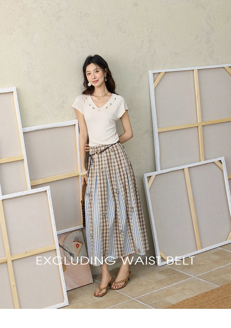 MISHOW Retro Plaid Patchwork Pleats Skirt A-LINE Slim MXE35B0726