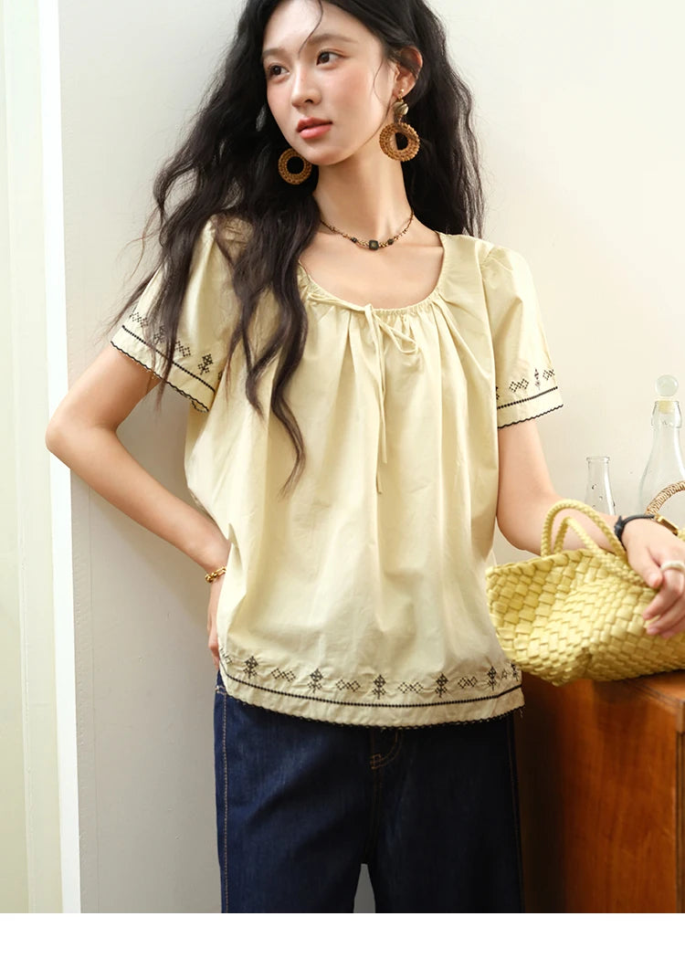 MISHOW Cotton Blouse Round Neck Lace Up Puff Sleeve MXE39X1966