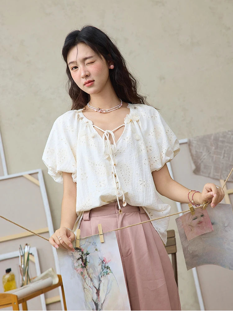 MISHOW Embroidery Jacquard Shirt V-Neck Lace Up Puff Sleeve MXE35X1790