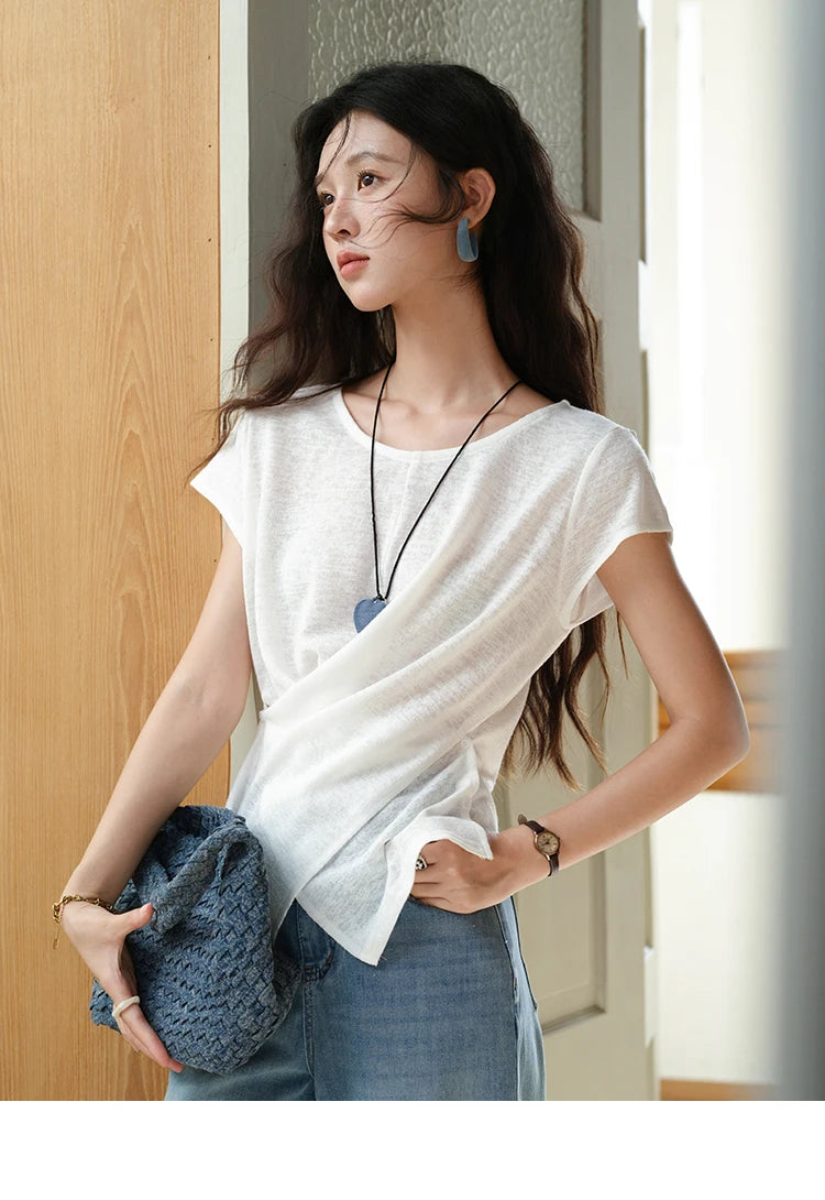 MISHOW Round Neck Knitted T-Shirt Irregular Design Button MXE39T0709