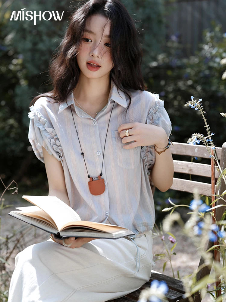 MISHOW Striped Short Sleeve Shirt Turn-Down Collar MXE38C2347
