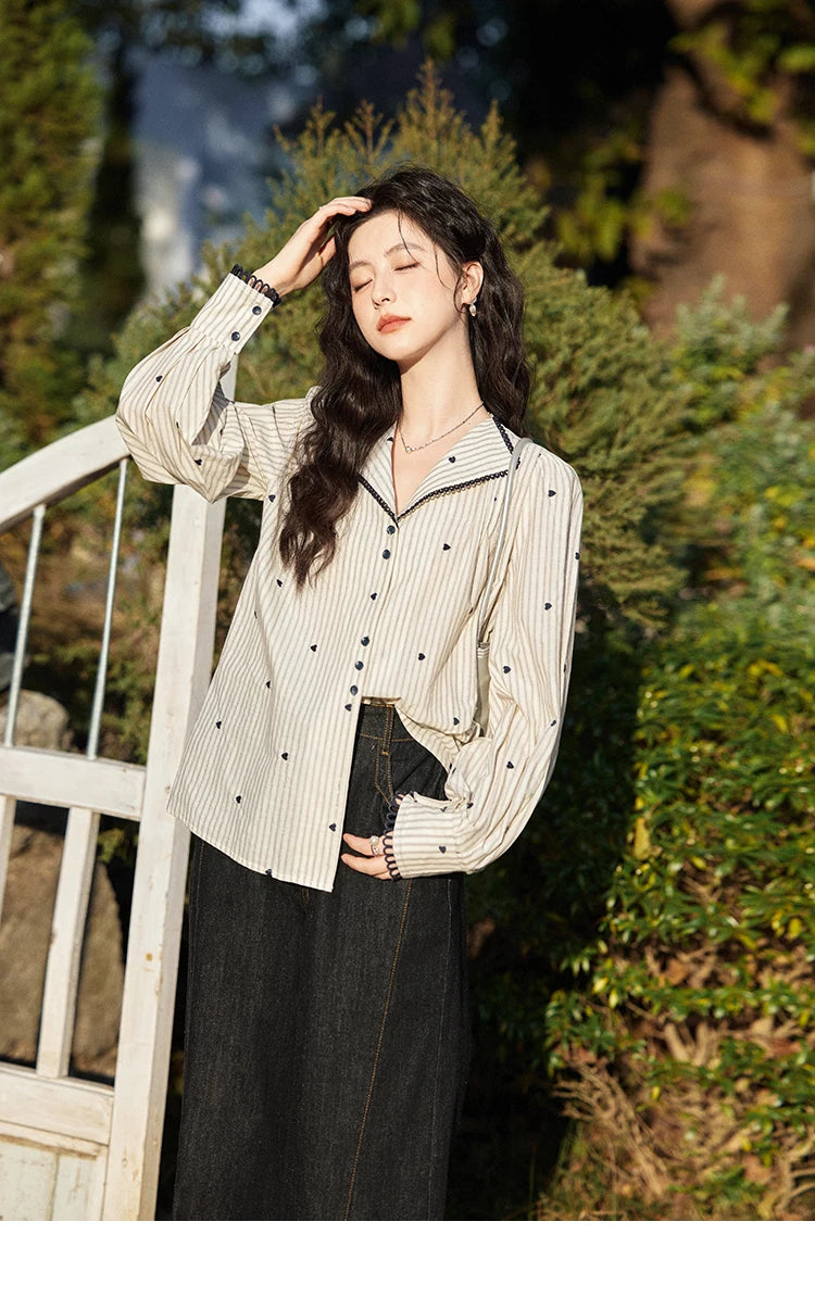 MISHOW Striped Bubble Sleeve Shirt Love Embroidered MXE12C0390