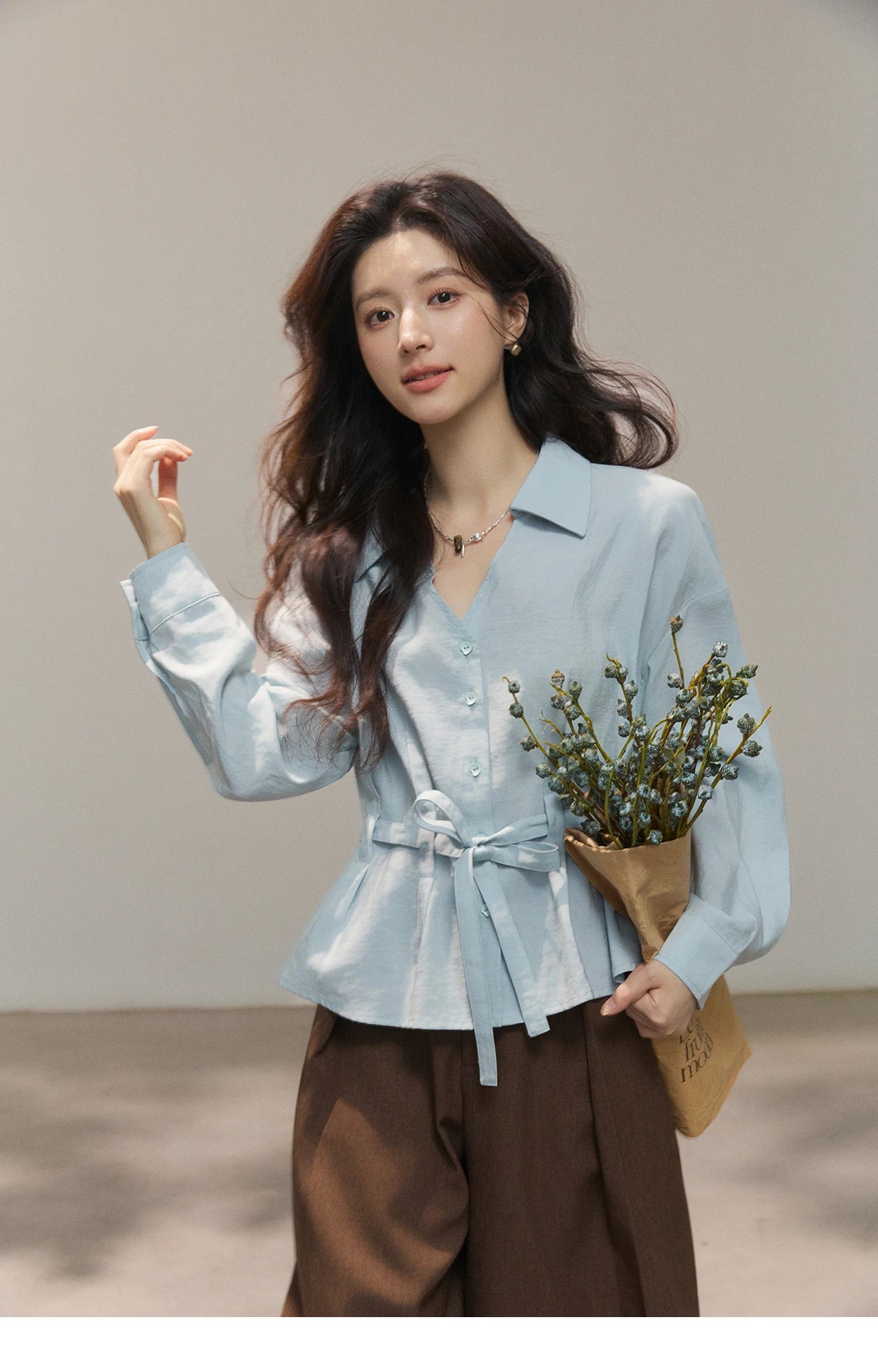 MISHOW Light Blue Lyocell Shirt V-Neck Belted Waist MXF13C2437