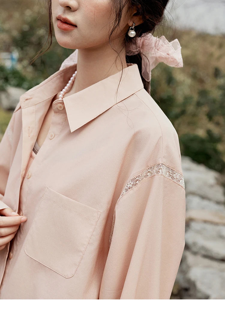 MISHOW Pink Long Sleeve Shirt Lace Bow Tie MXE16C0767