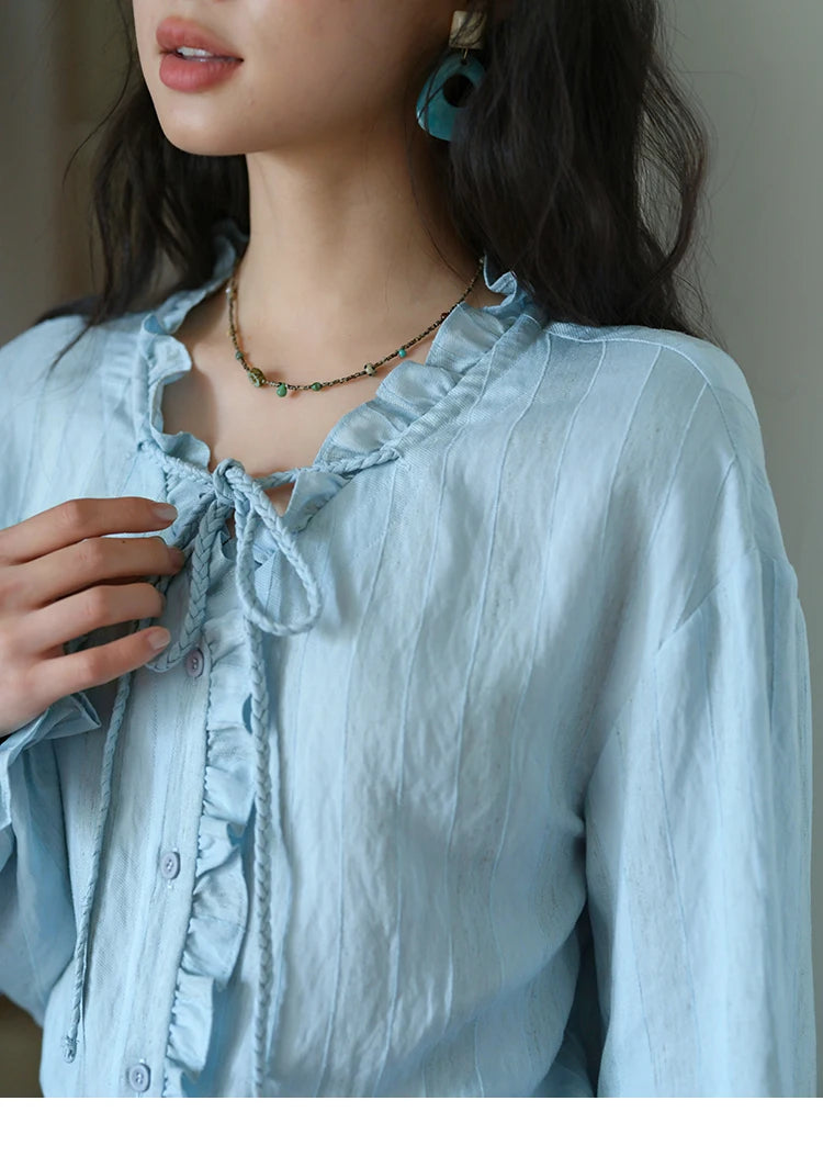 Mishow Light Blue Linen V-Neck Lace-Up Shirt & Elastic Skirt Set MXE41T0700