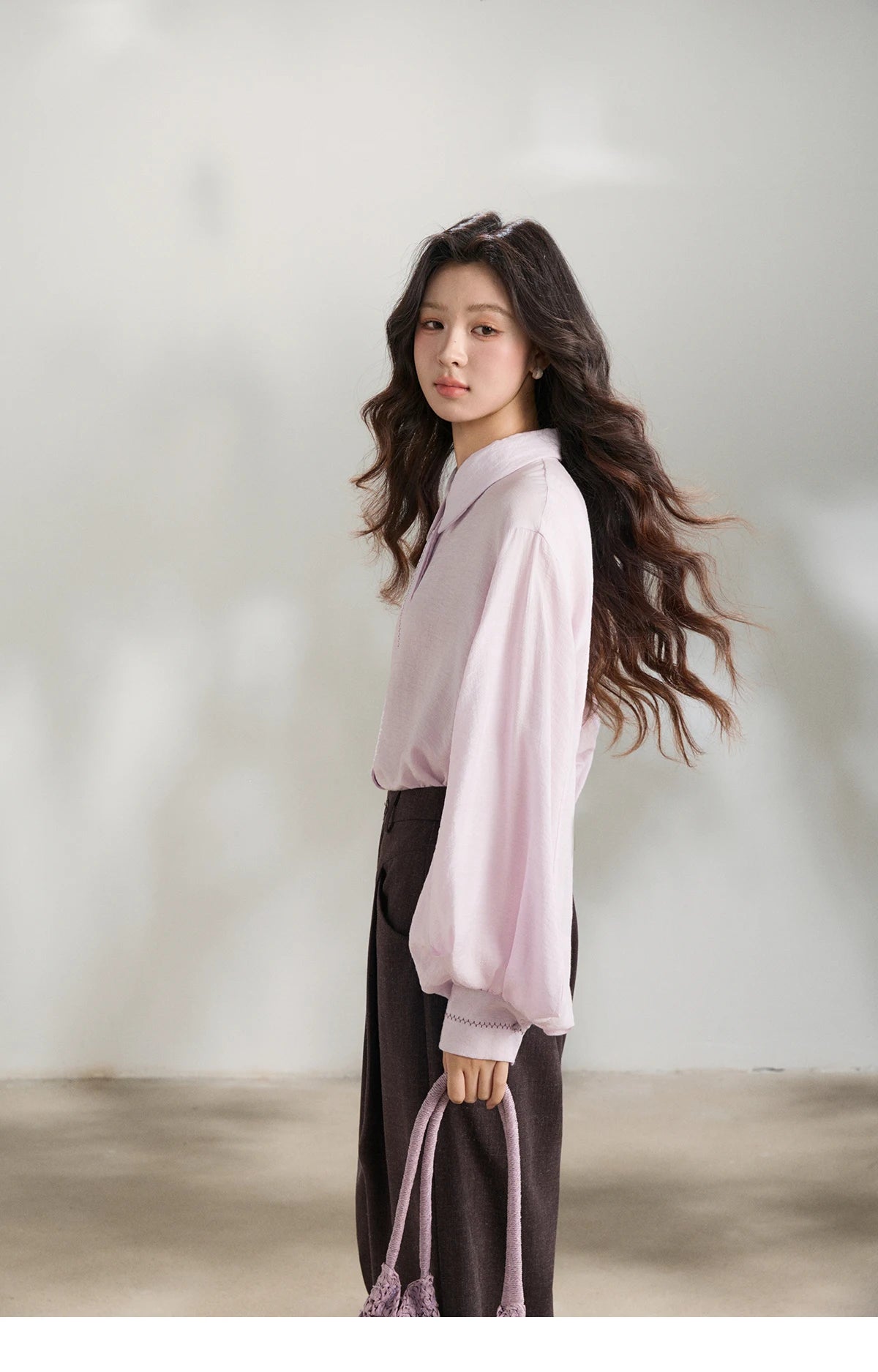 MISHOW Lapel Lantern Sleeve Shirt Lace Trim Loose MXF13C2436