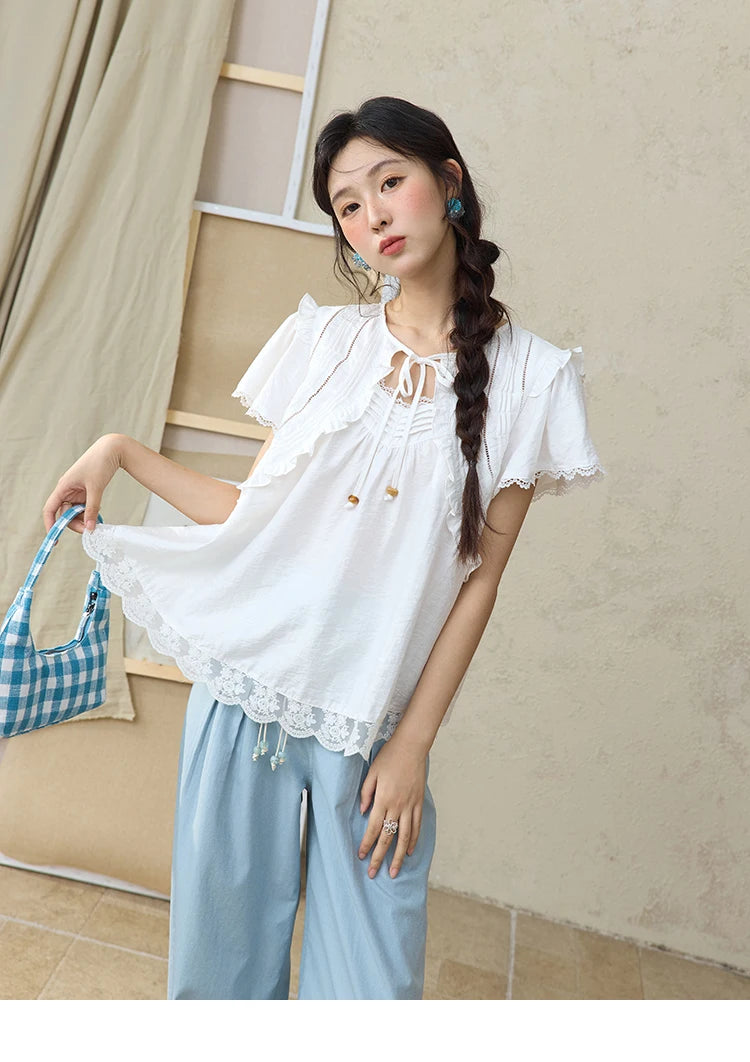 MISHOW White Lace Up Blouse Butterfly Sleeve Hollow Lace MXE34X1784