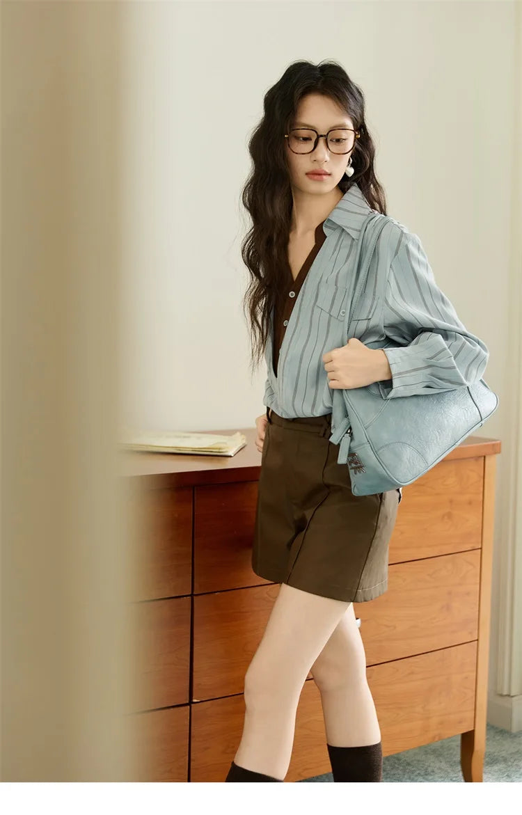 MISHOW Peach Skin Velvet Stripe Shirt Double Layered Collar MXE47C2408