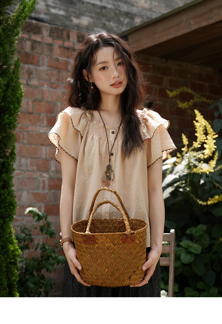 MISHOW Butterfly Sleeve Blouse Square Neck Button Loose MXE37X1854