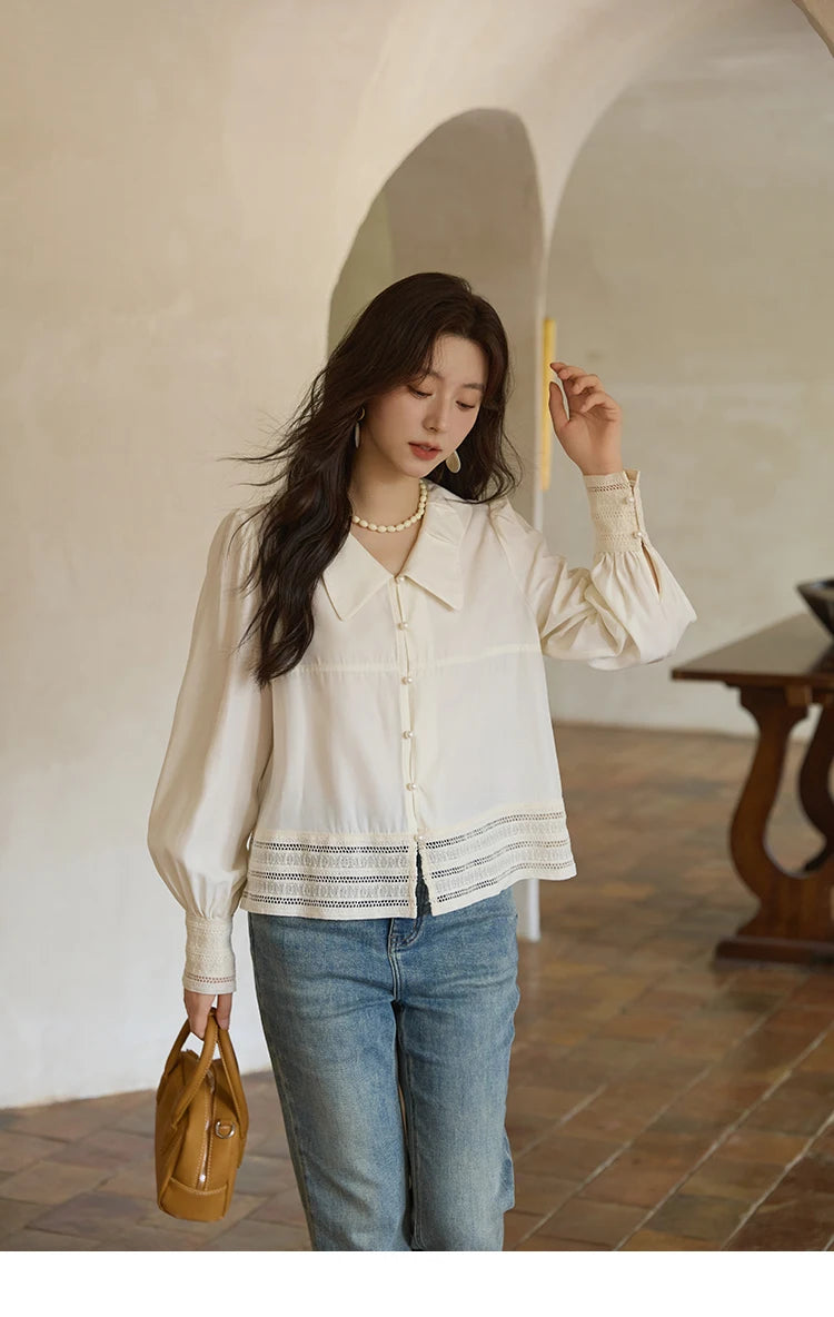 MISHOW French Lace Patchwork Shirt Butterfly Collar Lantern Sleeves MXE41C2357
