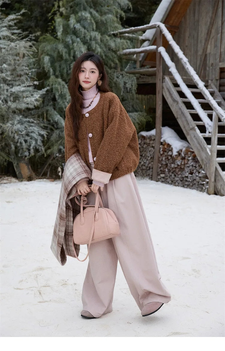 MISHOW Brown Wool Quilted Coat Round Neck Short Loose MXE87W0935