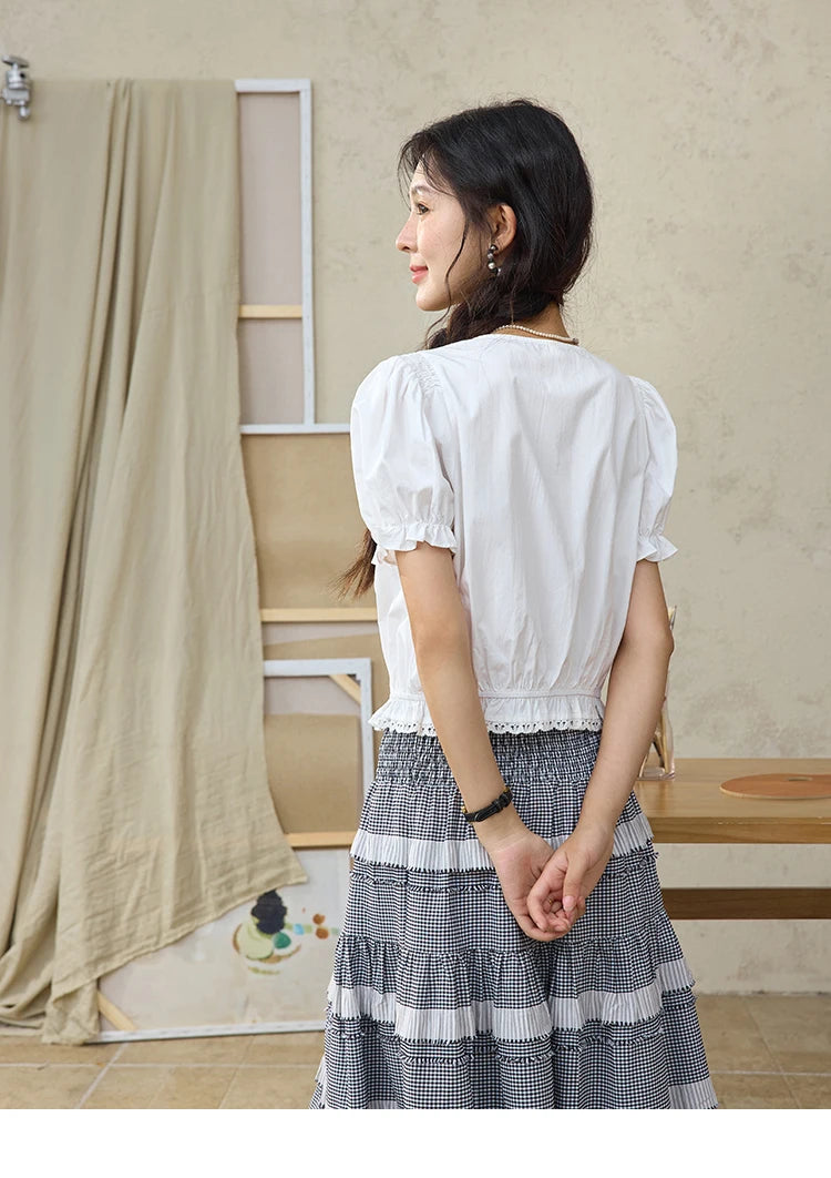 MISHOW Lace Puff Sleeve Shirt Flower Buttons Hem Elastic MXE34X1820