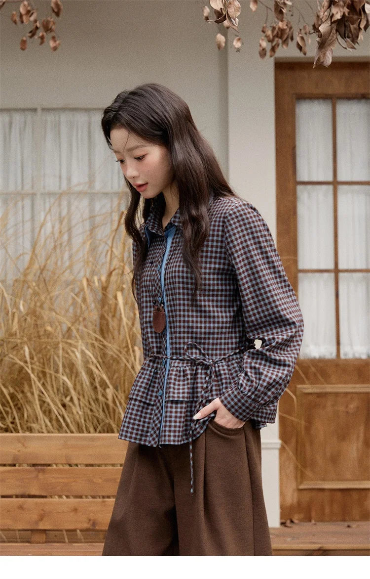 MISHOW Blue Plaid Shirt Lantern Sleeves Ruffled Hem MXE89C2420